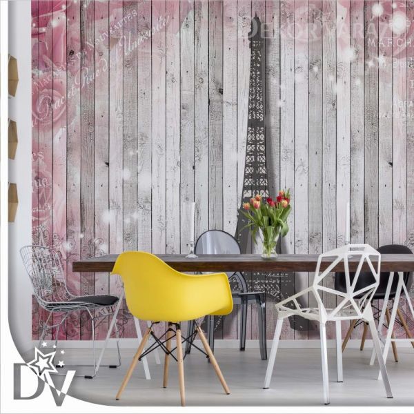 Fotótapéta - Eiffel torony Párizs Pink rózsák virágok vintage fa deszkák